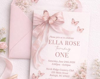 Convite de aniversário de um ano com borboleta rosa e laço floral para menina (modelo editável no Canva)