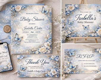 Convite de Chá de Bebê Editável, Tema Borboleta Azul, Convite Elegante para Imprimir, Download Instantâneo