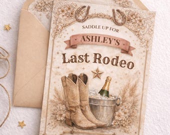 Modelo de convite para despedida de solteira com tema de rodeio do Velho Oeste, fim de semana de despedida de solteira em Nashville (Canva editável)