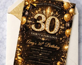 Convite para Festa de 30 Anos | Convite para Festa Glamourosa em Preto e Dourado (Download Digital)