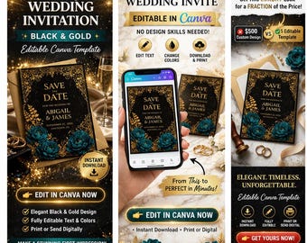 Convite de casamento luxuoso em preto e dourado com estampa floral, para reservar a data (download digital)