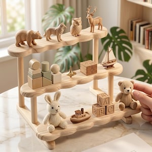 May include: A three-tiered light wood display stand featuring wavy edges. The top shelf holds carved wooden animal figures of a bear, wolf, owl, and deer. The middle shelf displays geometric blocks, a metal spinning top, a puzzle box, and a sailboat model. The bottom shelf features a knit rabbit, a small wooden boat, alphabet blocks, and a plush teddy bear.