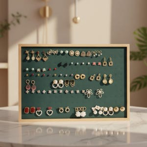 Könnte beinhalten: Eine ohrring-ausstellungs-tafel mit Holzrahmen und dunkelgrünem Stoffrücken. Die Tafel ist mit verschiedenen Ohrringen gefüllt, darunter Stecker, Creolen und Anhänger, in Gold, Silber, Perlen und farbenfrohen Designs.