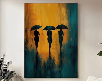 Lienzo decorativo de pared con siluetas femeninas, tres figuras con paraguas, diseño de lluvia en tonos dorados y turquesa, elegante decoración de pared femenina.