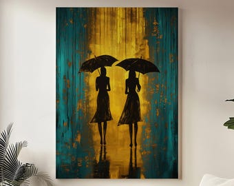 Lienzo decorativo para pared con diseño de día lluvioso, silueta de paraguas dorado y turquesa, decoración elegante para parejas, arte de pared con temática de lluvia.