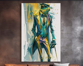 Frog Wall Art, Whimsical Animal Canvas Print, Dapper Frog Gentleman Office Decor
