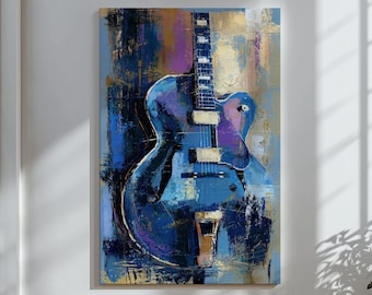 Cuadro decorativo de guitarra, impresión en lienzo de guitarra de jazz azul, decoración para sala de música, regalo contemporáneo para amantes de la música.