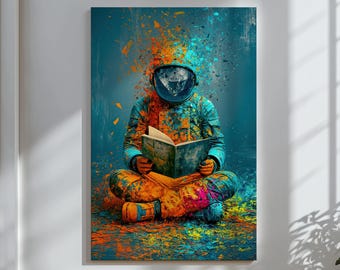 Lienzo decorativo para la pared de la oficina, decoración de astronauta leyendo, arte mural de la imaginación, regalo para escritores, arte colorido para el espacio de trabajo.