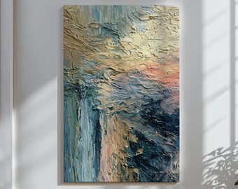 Coastal Abstract Wall Art, Blue Beige Textured Canvas Print, Modern Plaster Artwork, Serene Luxury Ocean Inspired Decor