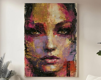 Lienzo impreso con retrato abstracto de mujer, arte mural con rostro en tonos dorados y magenta, decoración femenina moderna, obra de arte de lujo que marca la diferencia.