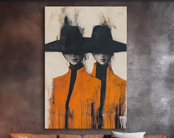 Fashion Wall Art Canvas Print, Minimalist Figure Art, Orange Black Modern Portrait Decor, Bedroom Wall Decor, Luxury Contemporary Artwork