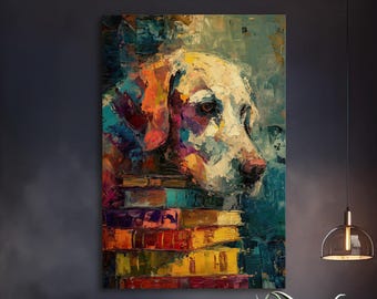 Quadro decorativo de cachorro em tela, retrato de cachorro amante de livros, decoração colorida para biblioteca, arte para cantinho de leitura aconchegante, pintura literária de animal