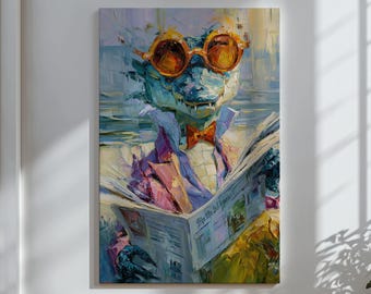 Quadro decorativo de crocodilo em tela, retrato animal extravagante, decoração de escritório maximalista e colorida, arte de parede para amantes de livros.