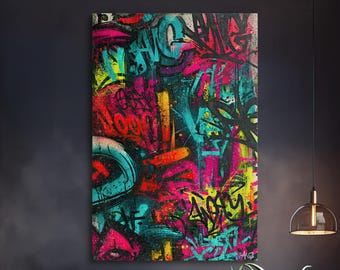 Graffiti Wall Art, Neon Street Art Canvas Print, Bold Color Urban Decor, Modern Pop Graffiti Wall Art for Loft