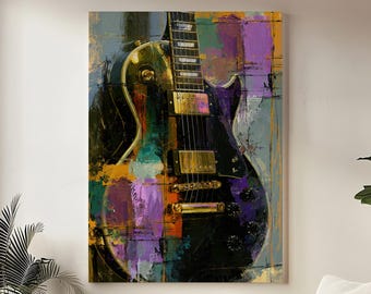 Lienzo decorativo de música rock, ilustración de guitarra eléctrica negra, decoración musical en morado y dorado, lienzo de guitarra moderno, regalo para músicos
