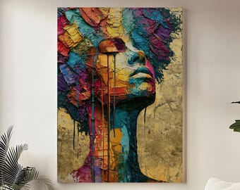 Lienzo decorativo de pared con estampado de mujer colorida, retrato femenino texturizado, decoración afrocéntrica llamativa, lienzo decorativo de lujo.