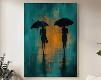 Lienzo decorativo con estampado de paraguas, obra de arte en tonos turquesa para un día lluvioso, decoración con siluetas de dos mujeres, arte mural contemporáneo de estilo melancólico.