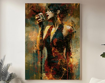 Lienzo decorativo de cantante de jazz, obra de arte de vocalista femenina, decoración de micrófono vintage, lienzo para sala de música con ambiente íntimo, regalo para amantes del jazz