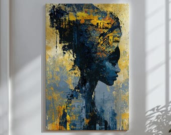 Quadro em tela com retrato de mulher em tons de azul e dourado, impressão abstrata de perfil feminino, decoração moderna e luxuosa com toque afrocentrado.