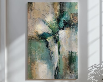 Arte de parede abstrata esmeralda, impressão em tela texturizada verde, obra de arte moderna inspirada na botânica, decoração de luxo para sala de estar.