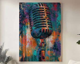 Lienzo decorativo con diseño de micrófono, estilo vintage, decoración colorida para estudio de música, regalo para cantantes, arte de pared llamativo para sala de música.