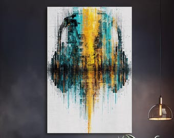 Abstract Cityscape Wall Art, Gold Teal Skyline Canvas Print, Modern Urban Architecture Art, Luxury City Wall Decor