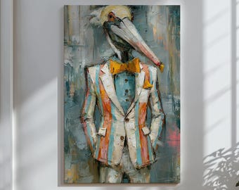 Quadro decorativo de parede com garça, retrato de pássaro encantador, decoração costeira elegante, pintura sofisticada de animal, obra de arte de luxo.