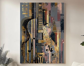 Lienzo decorativo de guitarra de jazz para pared, decoración musical en oro y rosa, obra de arte moderna de guitarra, arte de lujo para la pared de una sala de música, regalo para músicos