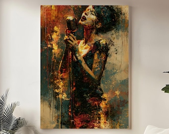 Lienzo decorativo de cantante de soul, decoración para vocalistas femeninas, obra de arte musical dramática, lienzo para ambiente relajado, regalo para cantantes.
