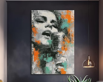 Cuadro decorativo de cantante, retrato abstracto femenino impreso en lienzo, decoración contemporánea inspirada en la música, obra de arte moderna de vocalista.