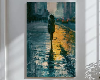 Arte de parede com tema de cidade chuvosa, impressão em tela de mulher urbana melancólica, pintura de rua em tons de azul turquesa, decoração de parede figurativa moderna de luxo.