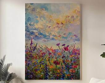 Quadro decorativo de parede em tela grande com flores silvestres coloridas, pintura impressionista de um prado floral, paisagem texturizada com espátula, decoração de primavera luxuosa.