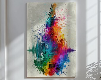 Cuadro decorativo colorido con motivos musicales, impresión abstracta de guitarra en lienzo, decoración luminosa para estudio o sala de música.