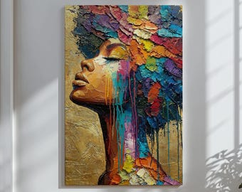 Lienzo decorativo de mujer negra para pared, retrato femenino colorido, decoración de lujo afrocéntrica para dormitorio, arte texturizado con carácter.