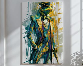 Estampado de rana caballero, arte mural de animales elegantes, lienzo decorativo de lujo y caprichoso para la entrada.