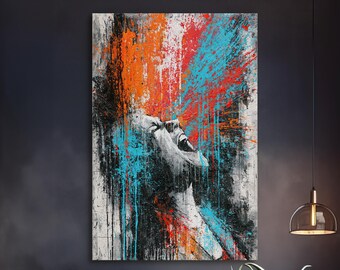 Graffiti Portrait Wall Art, Urban Abstract Face Canvas Print, Colorful Street Art Decor, Modern Expressionist Wall Art