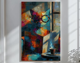 Quadro decorativo de parede com gato lendo, decoração para amantes de livros, arte colorida para biblioteca, decoração de parede divertida para cafeteria.