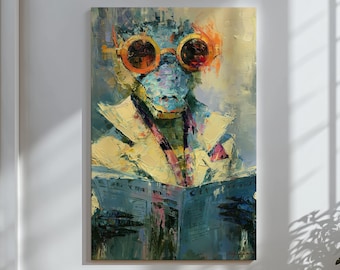 Quadro de parede com estampa de jacaré, retrato animal divertido, decoração colorida para sala de leitura, arte maximalista extravagante.