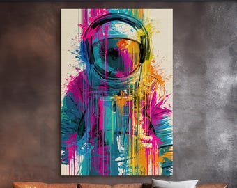 Cuadro decorativo de astronautas a todo color, lienzo con estampado espacial neón, decoración de ciencia ficción pop art, obra de arte llamativa para la oficina, regalo para amantes del espacio.