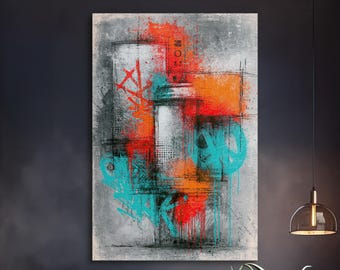 Industrielle Abstrakte Wandkunst, Rot Orange Teal Graffiti Leinwanddruck, Modernes Street Art-Dekor, Urban Loft Wandkunst