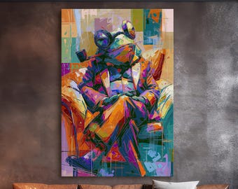 Frog Office Decor Canvas Print, Colorful Animal Portrait Wall Art, Executive Frog Artwork, Modern Office Wall Decor