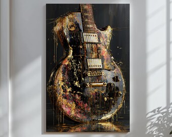 Cuadro de guitarra eléctrica para pared, impresión en lienzo de guitarra rock negra y dorada, decoración para sala de música o cueva de hombre.