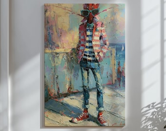 Quadro de parede com lagosta, retrato de animal costeiro, decoração colorida para casa de praia, arte divertida com frutos do mar para cozinha.