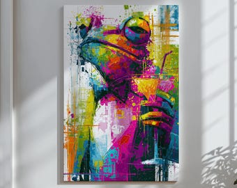 Lienzo decorativo de pared con diseño de rana colorida, decoración moderna para cócteles, obra de arte animal maximalista contemporánea, decoración vibrante para bares.