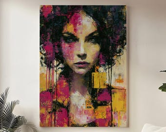 Cuadro decorativo de pared con retrato de mujer a color, impresión en lienzo de rostro abstracto en oro rosa, decoración femenina moderna, arte contemporáneo de lujo.