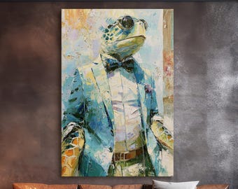 Quadro decorativo de tartaruga marinha em tela, retrato de animal elegante e costeiro, decoração oceânica encantadora, obra de arte luxuosa para casa de praia.