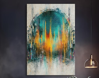 Futuristic City Wall Art, Teal Gold Skyline Canvas Print, Abstract Urban Architecture Decor, Modern Metropolis Art