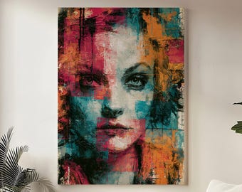 Arte abstracto de rostro para pared, lienzo con retrato en tonos verde azulado y naranja, decoración moderna y contemporánea, obra de arte de lujo para oficina, decoración de pared expresionista.
