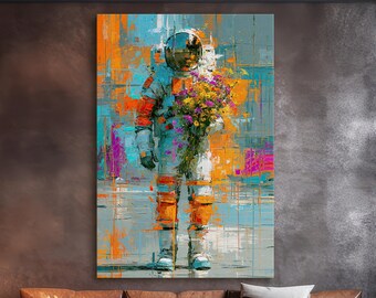 Lienzo decorativo con estampado de flores y astronautas, decoración floral espacial surrealista, arte romántico y colorido para el dormitorio, regalo espacial único.