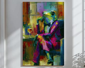 Lienzo decorativo de rana para pared, decoración para coctelería, obra de arte de una rana caballerosa y caprichosa, decoración de pared para bar en casa, arte animal colorido